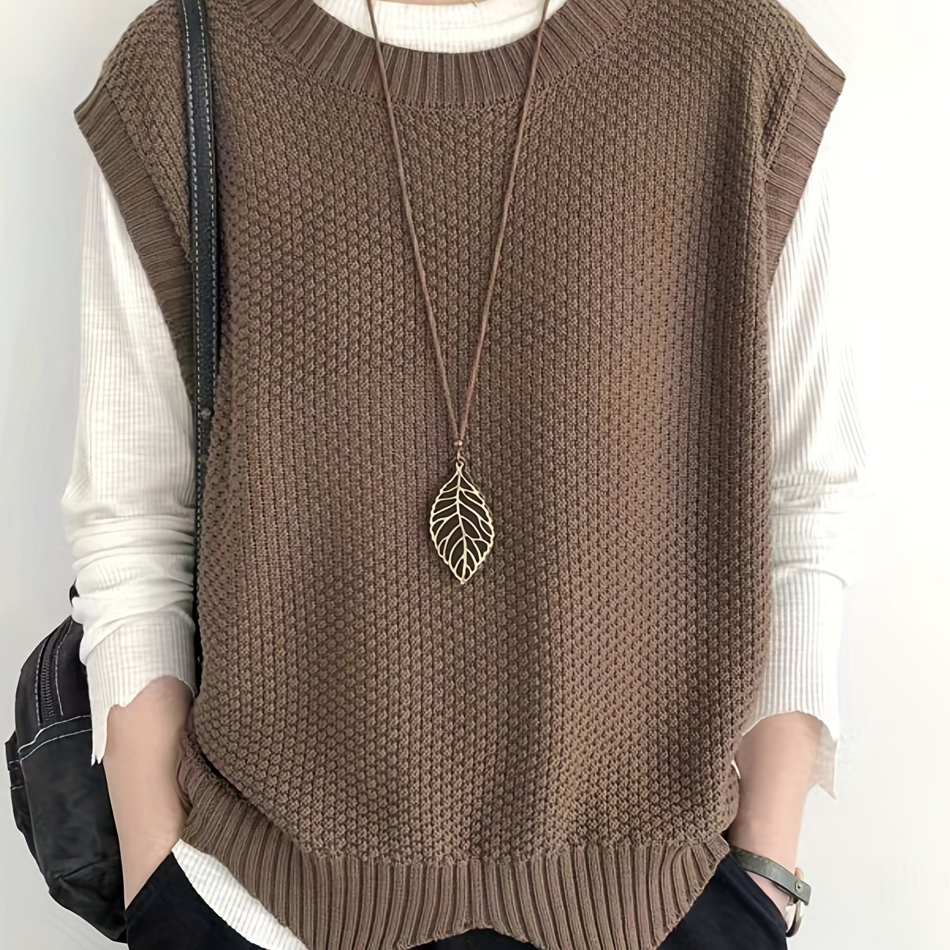 vlovelaw vlovelaw Solid Crew Neck Sweater Vest, Casual Sleeveless Vest For Spring & Fall, Women's Clothing
