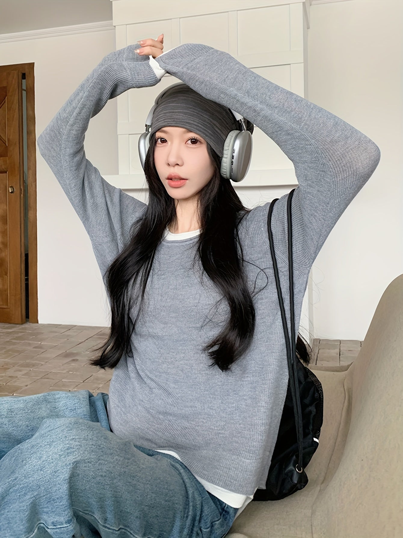 vlovelaw vlovelaw Color Block Crew Neck Pullover Sweater, Casual Long Sleeve Loose Sweater, Women's Clothing