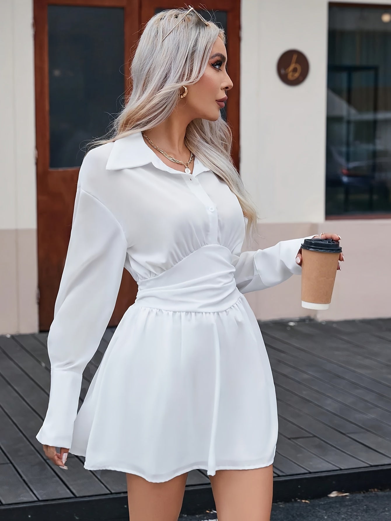 vlovelaw Solid Button Front Dress, Elegant Long Sleeve Shirred Dress For Spring & Fall, Women's Clothing