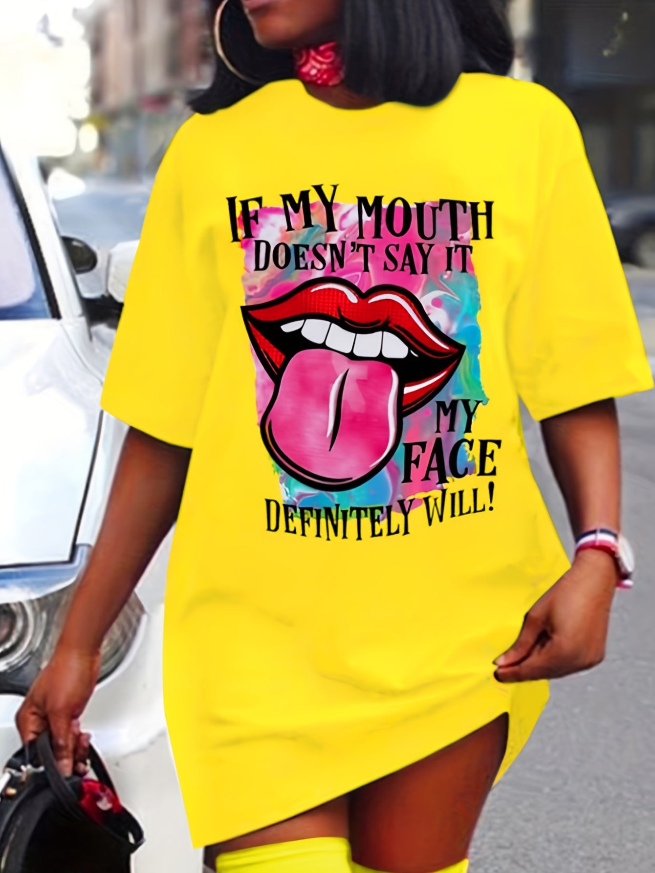 Lips Print Mini Tee Dress, Short Sleeve Crew Neck Casual Dress For Summer & Spring, Women's Clothing