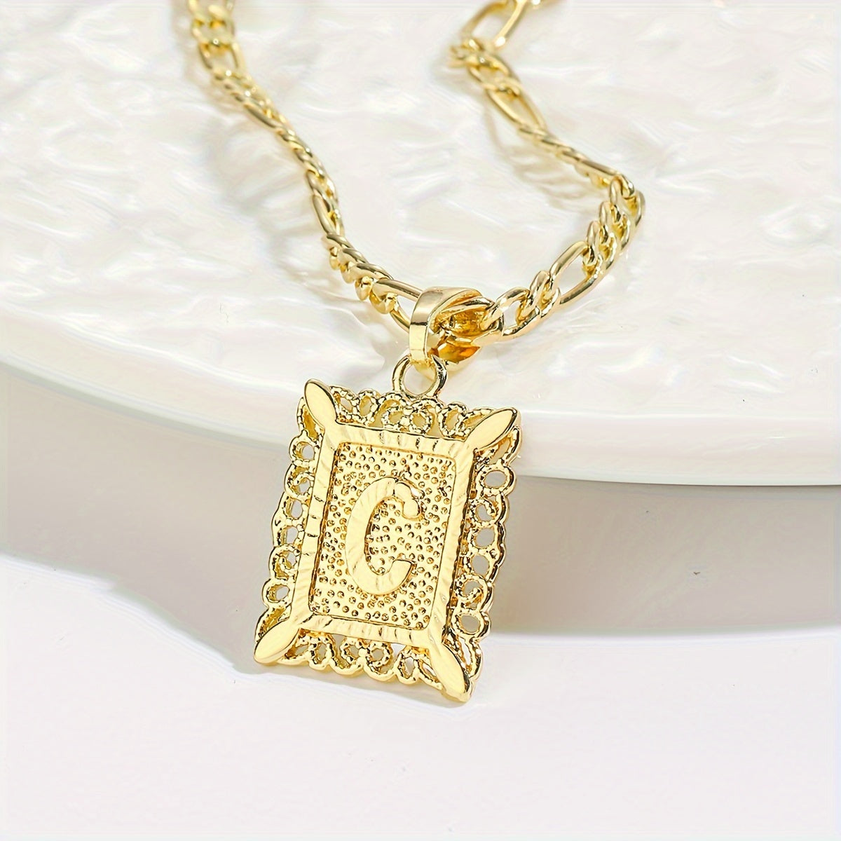 18K Gold Plated Square Monogram Pendant Necklace - Fashionable Personalized Alphabet Letter A-Z Figaro Chain Necklace for Men and Women - Copper Material, No Magnetic, No Mosaic, Plating-Free, Stylish Jewelry for Any Occasion
