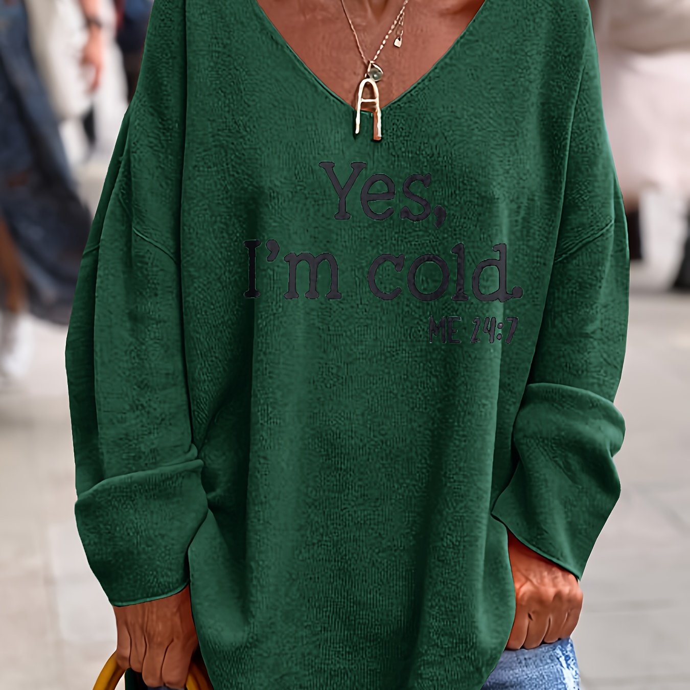 Letter Pattern V Neck Oversized Sweater, Casual Long Sleeve Rolled Trim Sweater, Women's Clothing