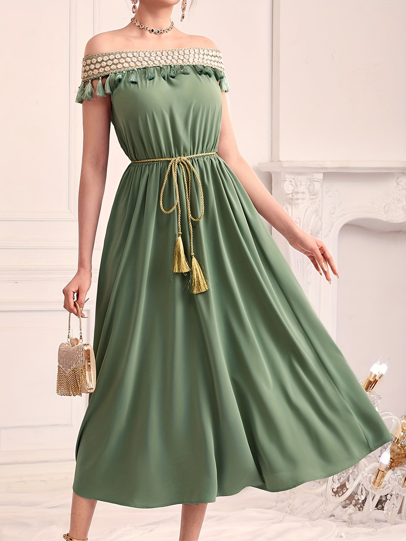 vlovelaw Off Shoulder Tassel Dress, Elegant Solid Ruched Midi Dress, Women's Clothing
