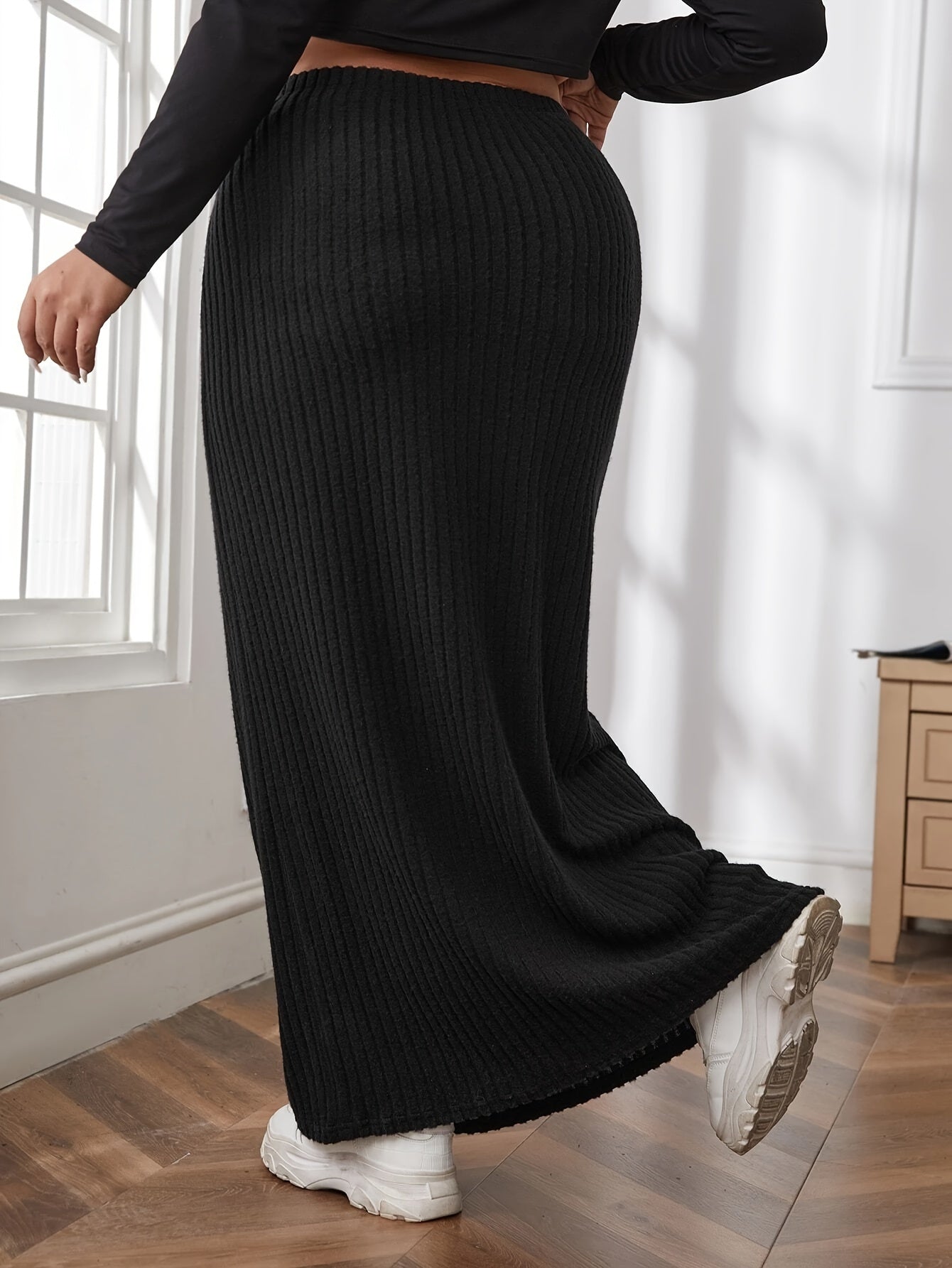 vlovelaw Plus Size Solid Ribbed Slim Skirt, Casual Every Day Elastic Waist Ankle Skirt, Women's Plus Size Clothing