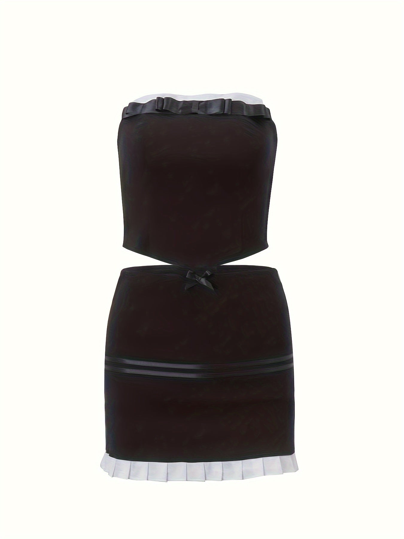 vlovelaw Colorblock Two-piece Set, Tube Top & Ruffle Skirt Outfits, Women's Clothing