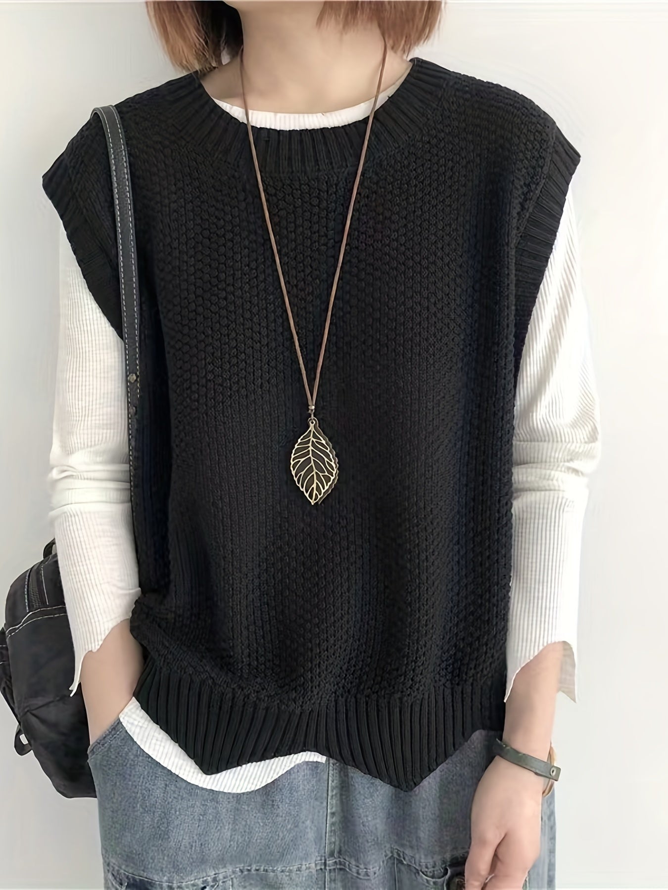 vlovelaw vlovelaw Solid Crew Neck Sweater Vest, Casual Sleeveless Vest For Spring & Fall, Women's Clothing