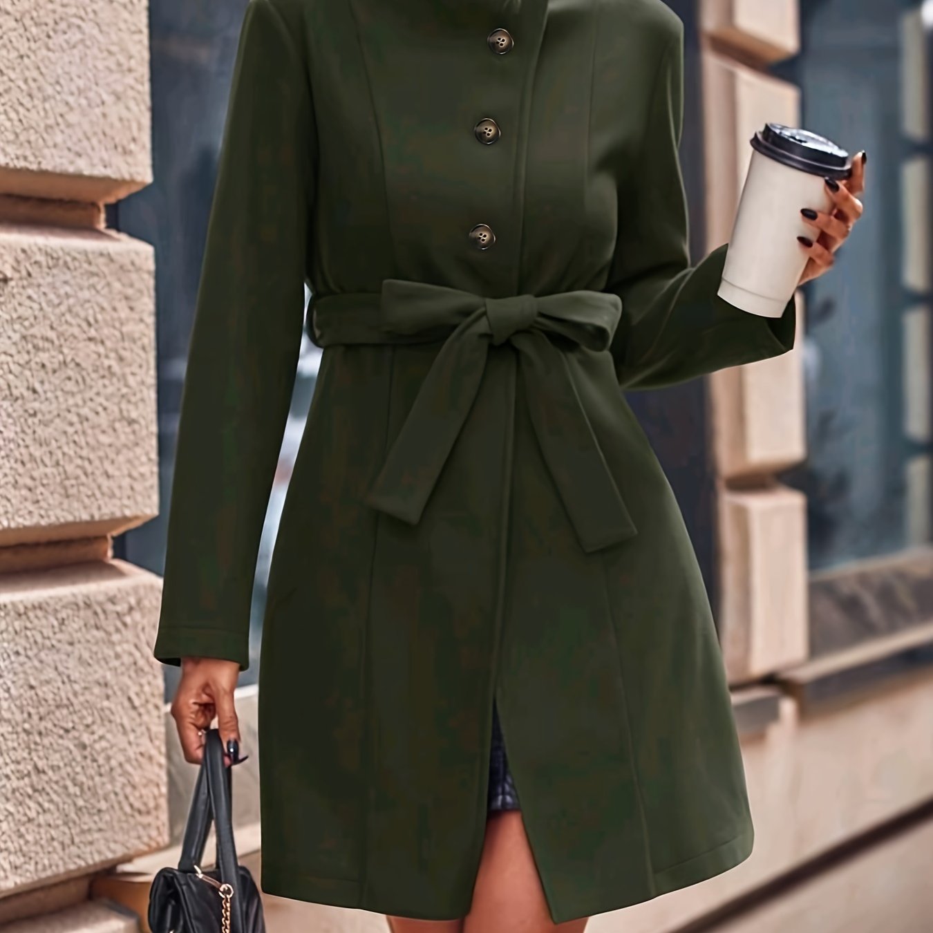 vlovelaw Button Front Solid Coat, Elegant Long Sleeve Fall & Winter Outerwear, Women's Clothing