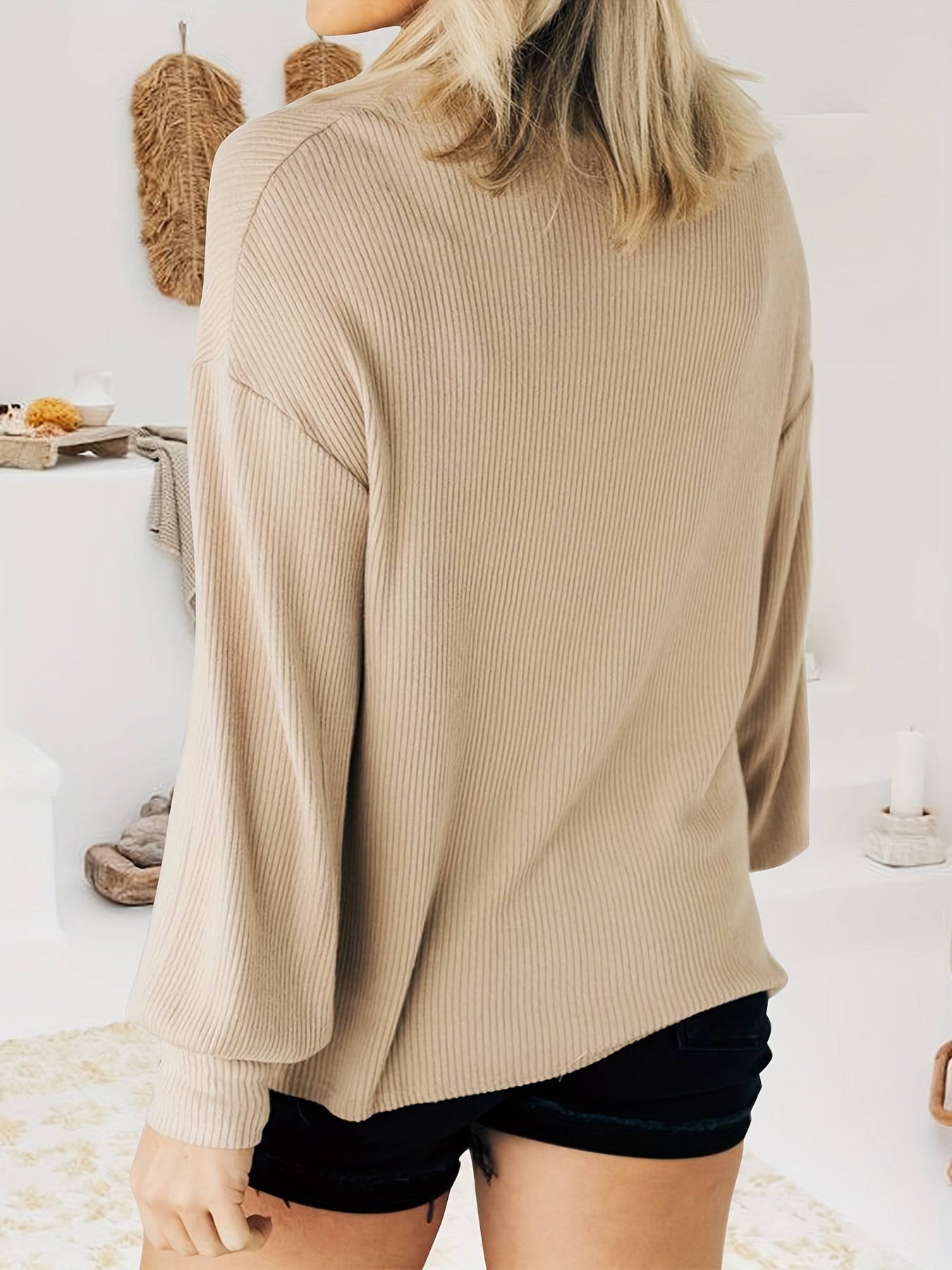 vlovelaw Solid Ribbed Mock Neck T-Shirt, Casual Long Sleeve Top For Spring & Fall, Women's Clothing