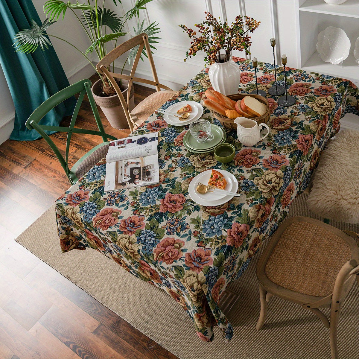 1pc Square Cotton Embroidered Tablecloth - Stylish American Design with Intricate Ball Flower Embroidery - Perfect for Christmas, Adds Elegance to Your Home Decor
