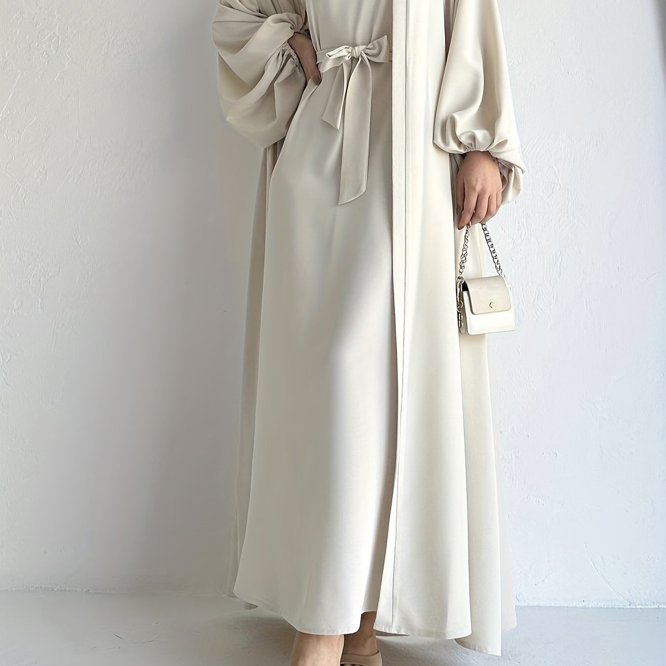 vlovelaw Ramadan Elegant Solid Two-piece Set, Open Front Coverup & Tie Waist Abayas Outfits, Women's Clothing