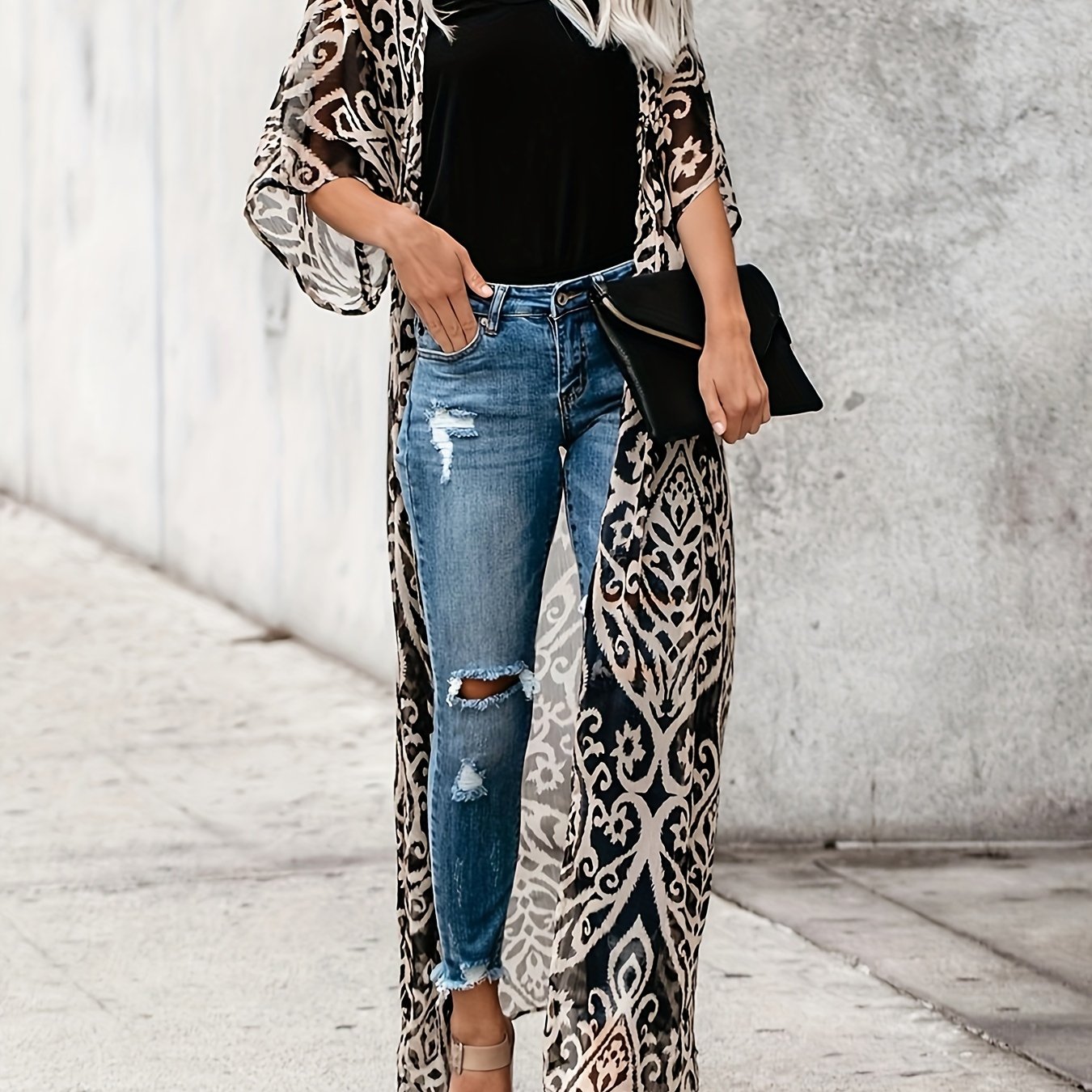 vlovelaw Graphic Print Open Front Kimono, Boho Cover Up Kimono For Spring & Summer, Women's Clothing