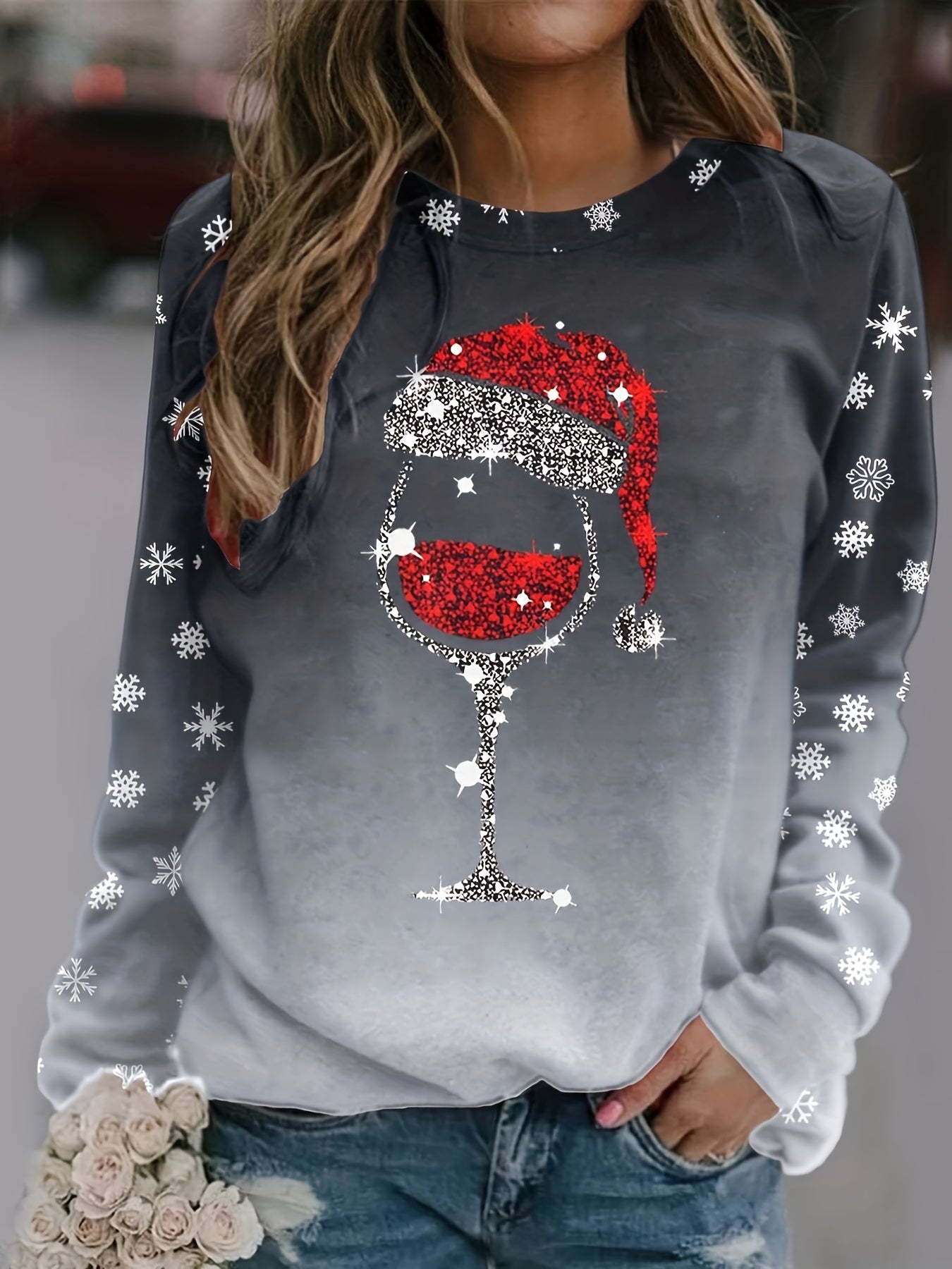 vlovelaw Christmas Snowflake Print Crew Neck Sweatshirt, Long Sleeve Casual Sports Pullover Top, Women's Clothing