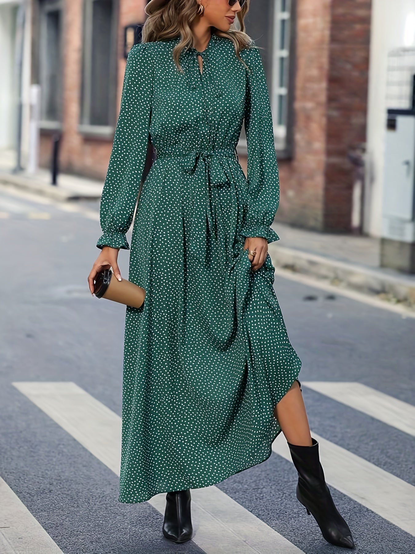 vlovelaw Allover Print Long Sleeve Dress, Casual Tie-neck Dress For Spring & Fall, Women's Clothing