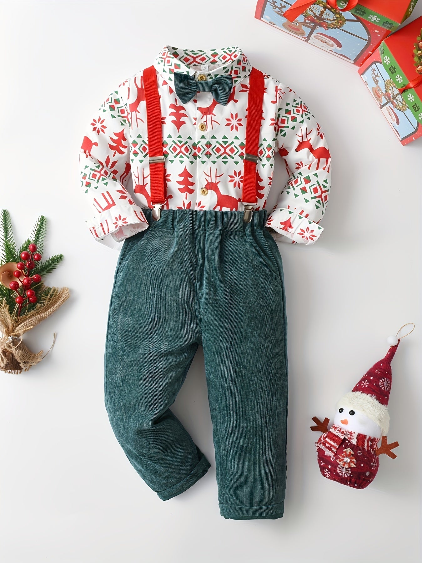 Boy's Christmas Style 2pcs, Bow Tie Shirt & Corduroy Overalls Set, Elk Print Long Sleeve Top, Casual Outfits, Kids Clothes For Spring Fall Winter