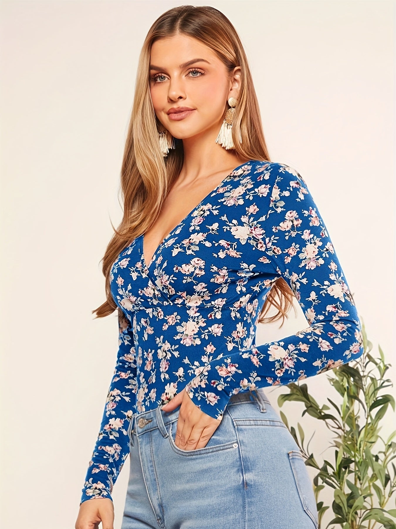 vlovelaw Floral Print V Neck T-Shirt, Casual Long Sleeve Top For Spring & Fall, Women's Clothing