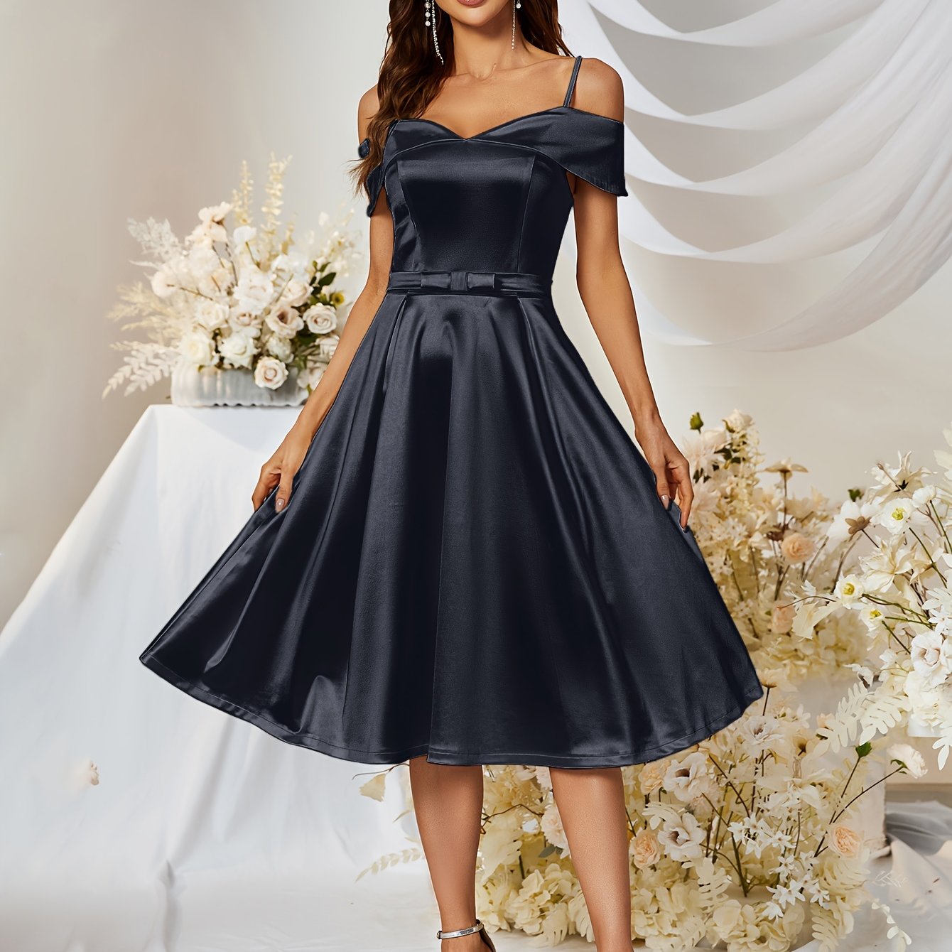 vlovelaw Cold Shoulder V Neck Dress, Elegant Strap Flare Dress For Party & Banquet, Women's Clothing