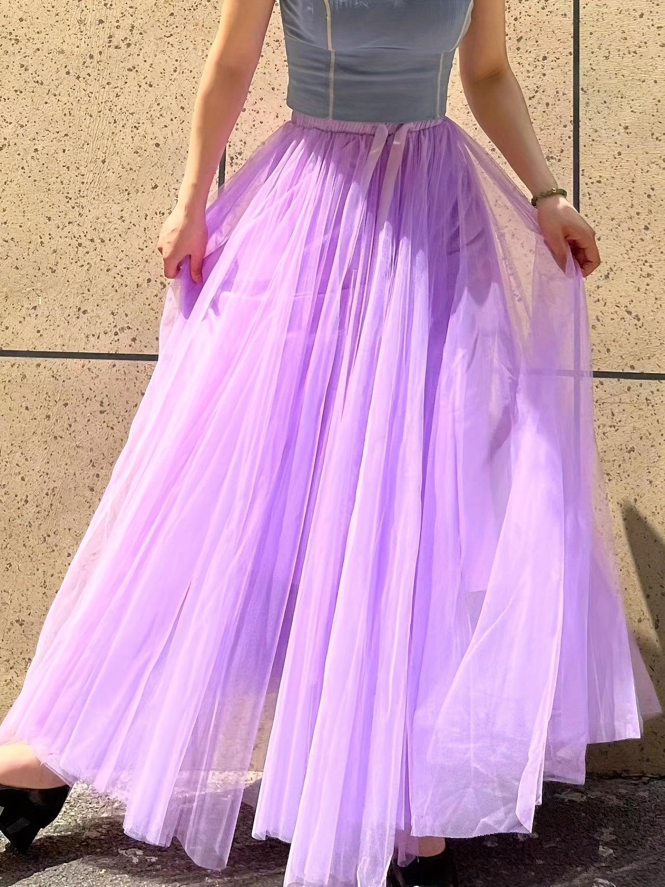 vlovelaw Mesh Pleated Skirts, Elegant High Waist Drawstring Maxi Skirts, Women's Clothing