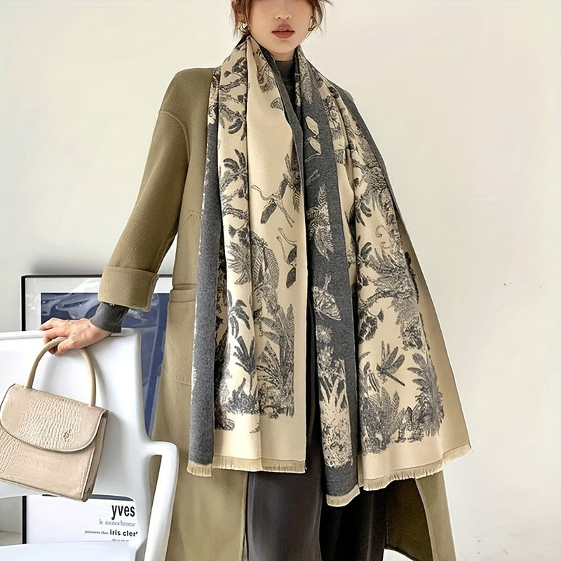 vlovelaw Vintage Plant Flower Jacquard Scarf Imitation Cashmere Elegant Soft Warm Cozy Fringe Shawl Autumn Winter Coldproof Windproof Blanket Scarf