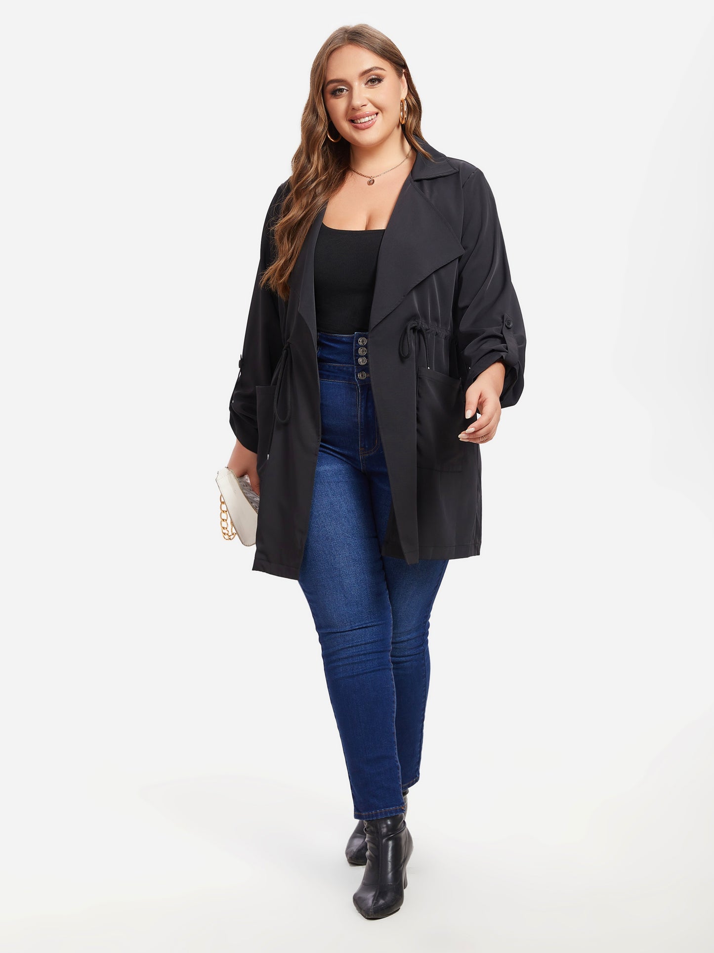 vlovelaw Plus Size Drawstring Pockets Coat, Casual Long Sleeve Lapel Coat For Fall, Women's Plus Size Clothing