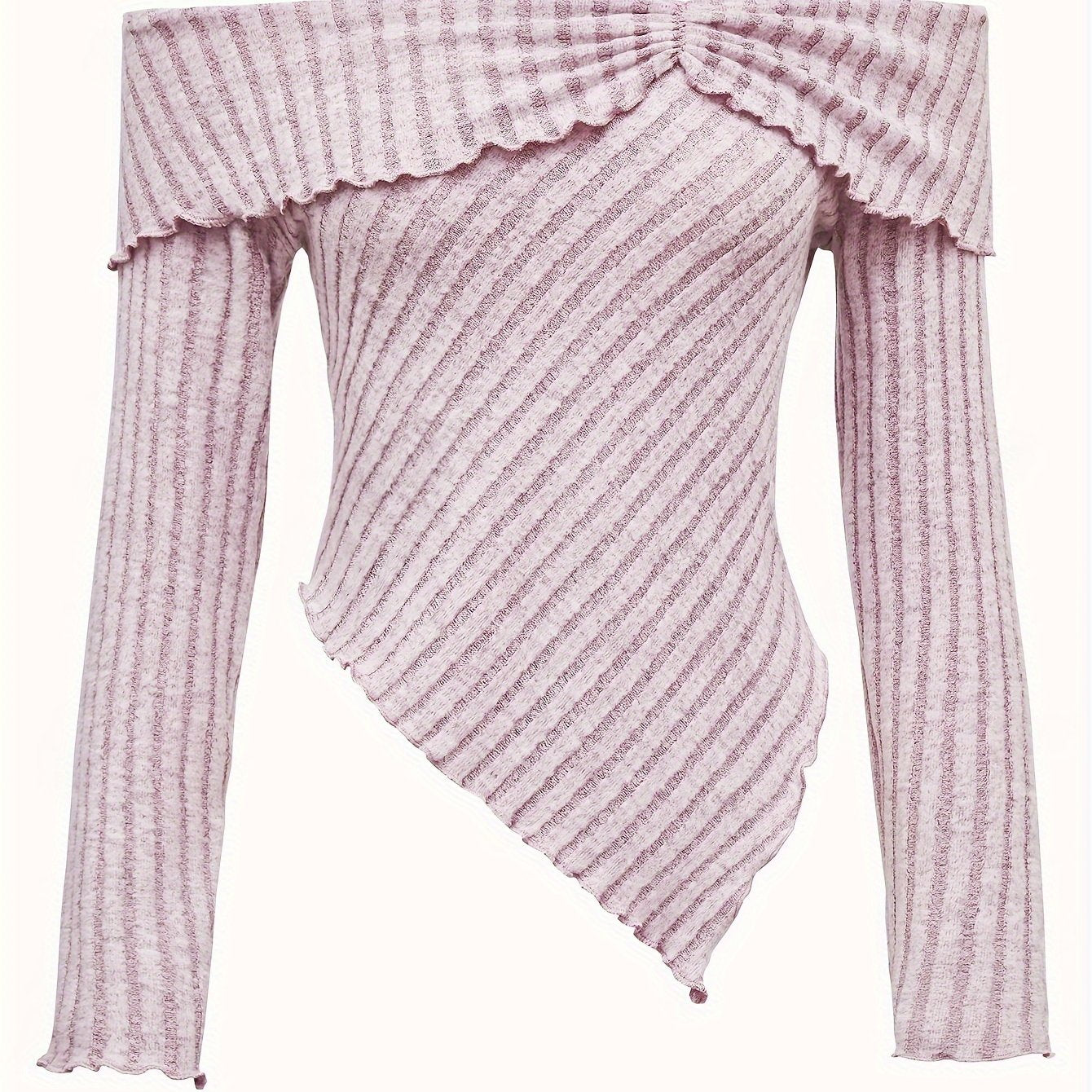 vlovelaw Ribbed Off Shoulder Asymmetrical Hem T-Shirt, Casual Long Sleeve Top For Spring & Fall, Women's Clothing