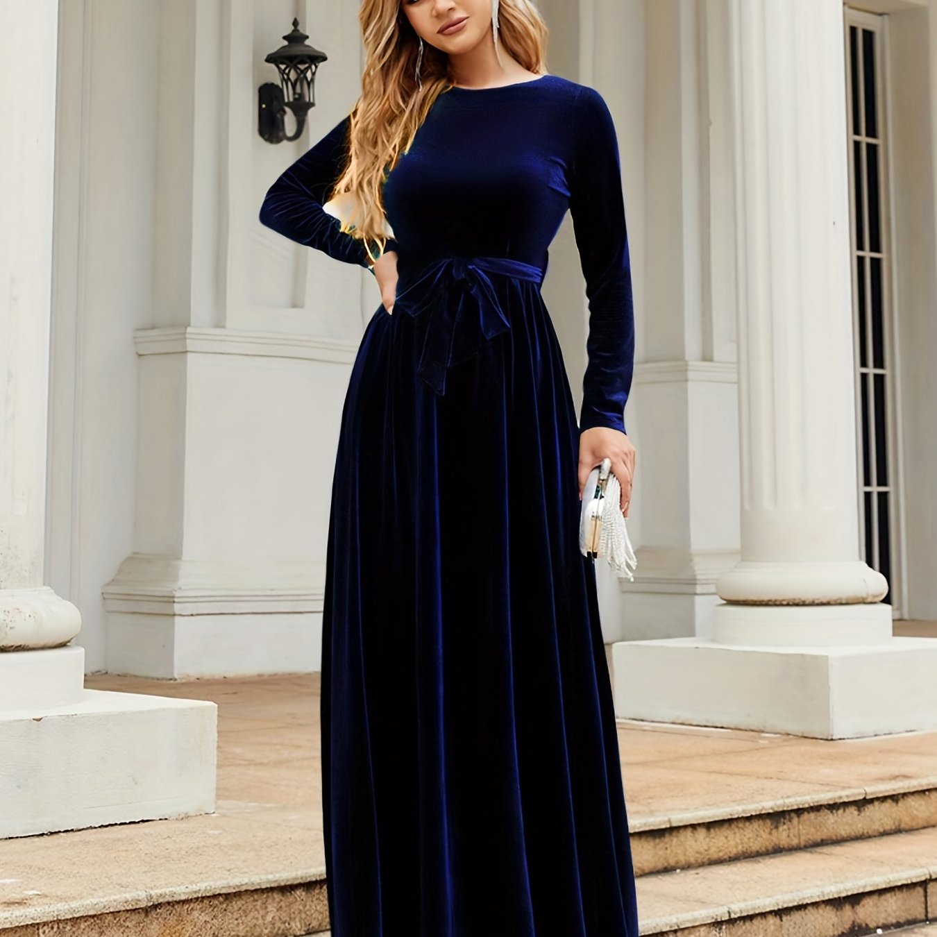 Solid Belted Ankle Dress, Elegant Boat Neck Long Sleeve Dress, Women's Clothing