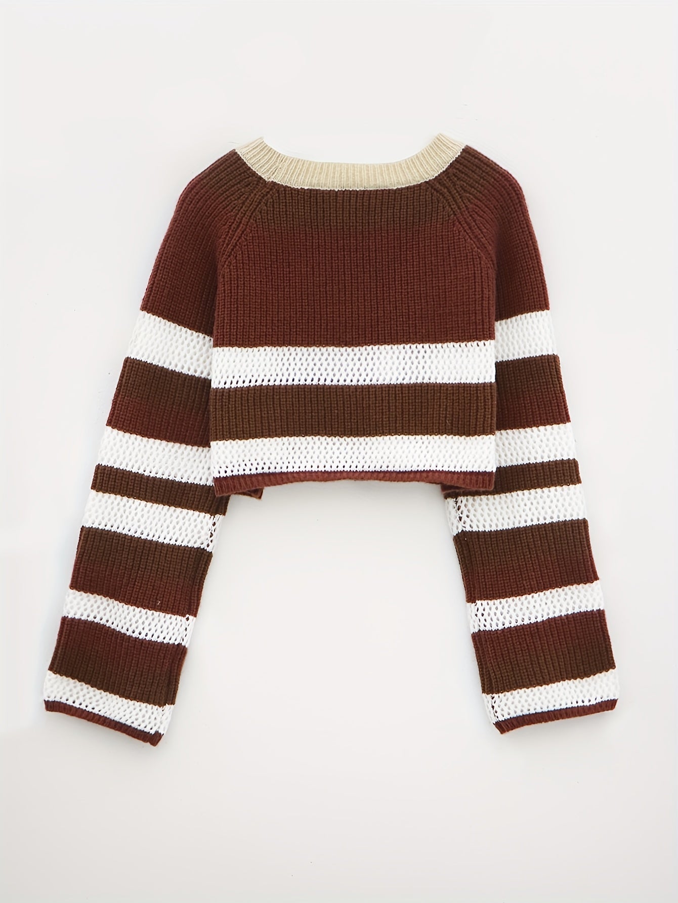 vlovelaw Striped Crew Neck Eyelet Crop Sweater, Casual Long Sleeve Raglan Shoulder Sweater, Women's Clothing