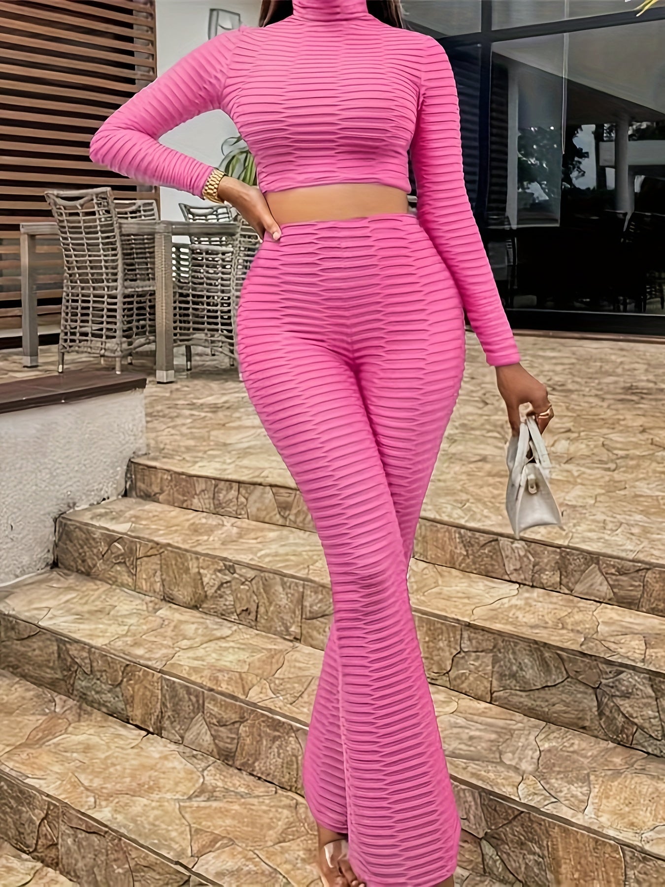 vlovelaw Casual Solid Two-piece Set, Mock Neck Crop Top & Long Pants Outfits, Women's Clothing