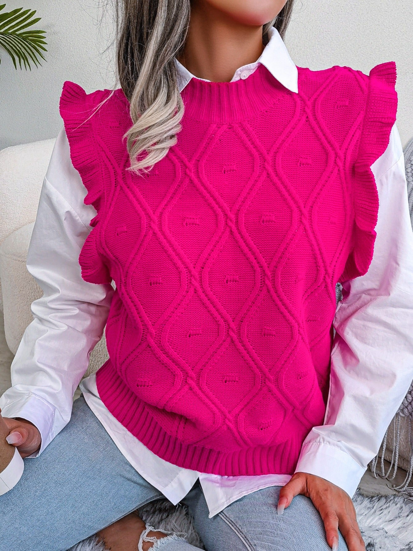 vlovelaw Women's Sweater Ruffle Hem Texture Sweater Vest