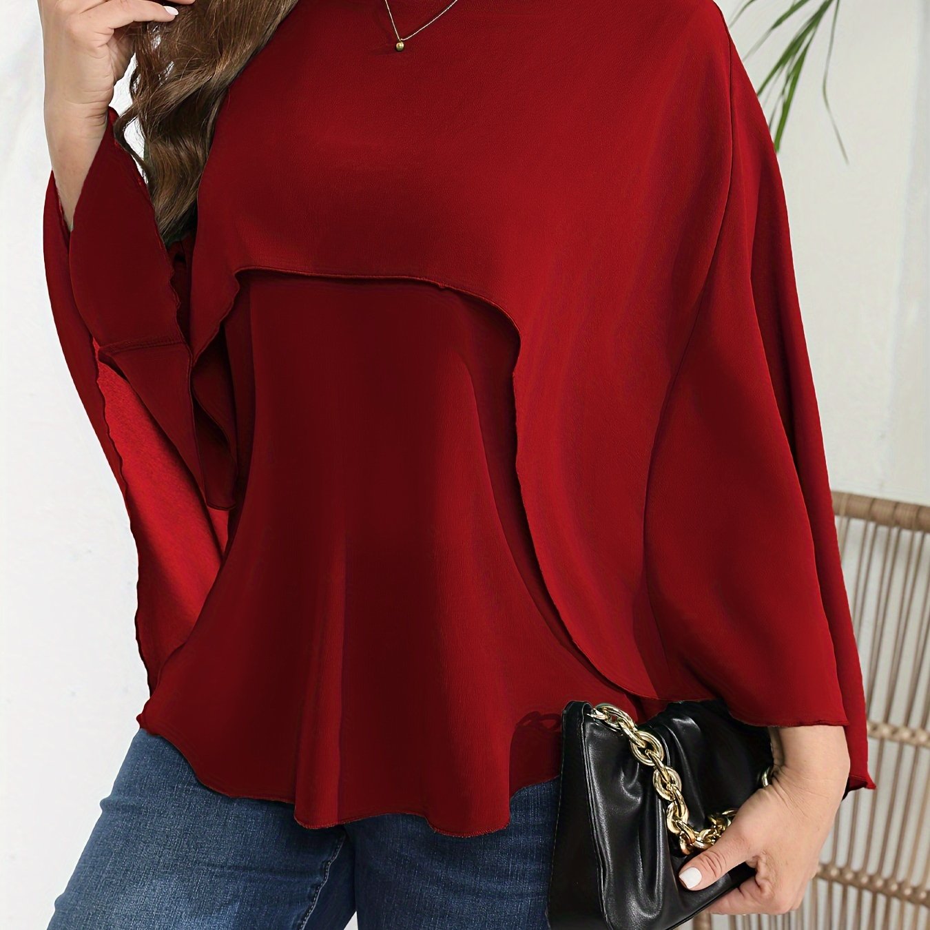 vlovelaw Plus Size Elegant Blouse, Women's Plus Solid Layered Mesh Batwing Sleeve Round Neck Shirt Top