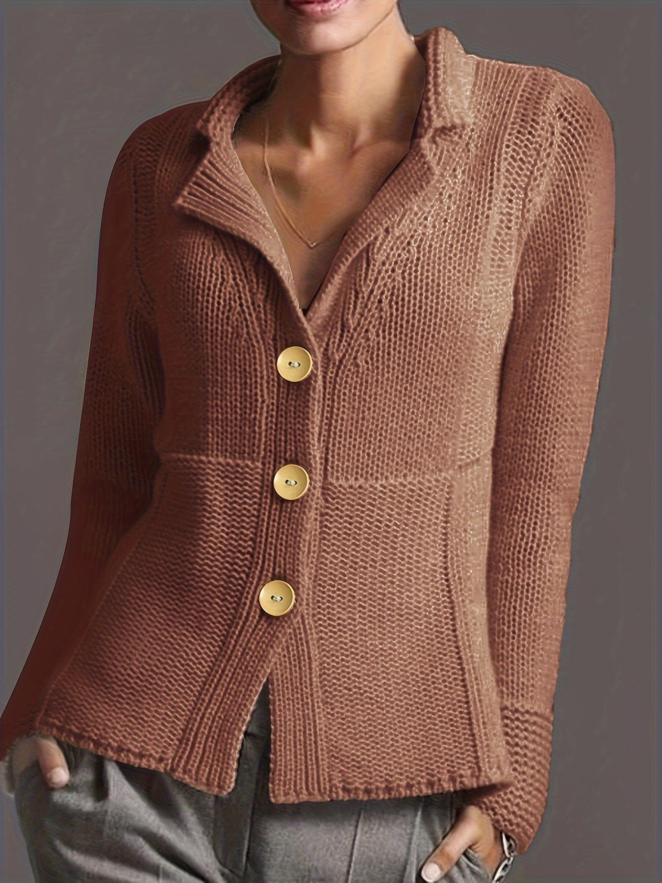 vlovelaw Plus Size Casual Cardigan, Women's Plus Solid Button Up Long Sleeve Lapel Collar Cardigan