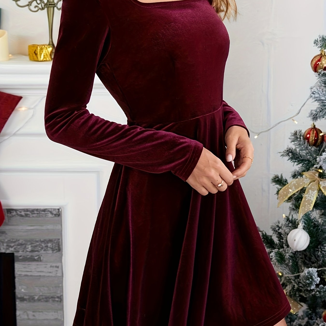 Solid Squared Neck Mini Dress, Elegant Long Sleeve Party Dress, Women's Clothing