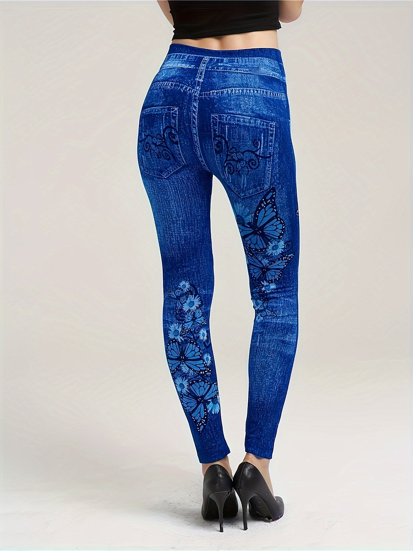 vlovelaw Faux Denim Butterfly Print Tummy Control Butt Lifting Sports Leggings, Yoga Workout Running Tight Pants, Women's Activewear