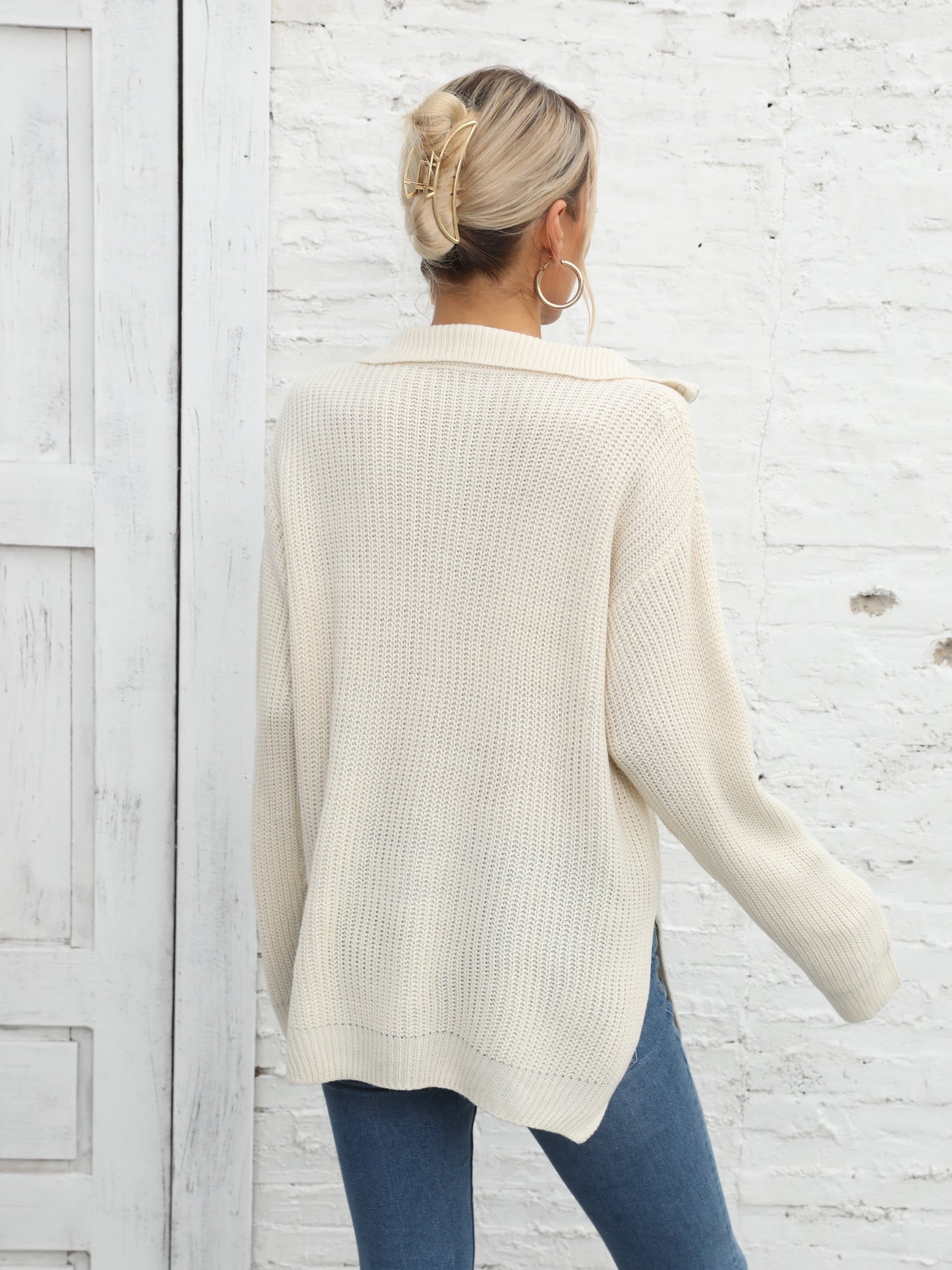 vlovelaw Long Sleeve Half Zip Sweater, Side Slit Casual Sweater For Winter & Fall, Women's Clothing