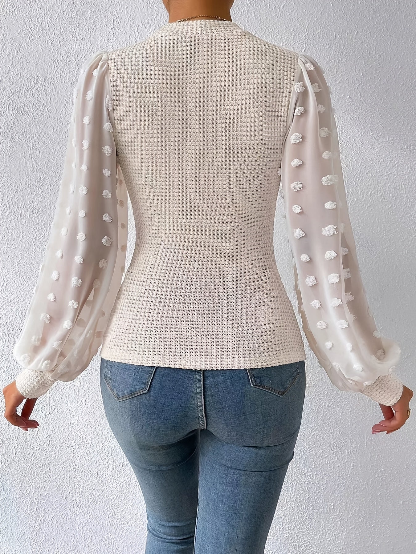vlovelaw Textured Lantern Sleeve Top, Elegant Mock Neck Top For Spring & Fall, Women's Clothing