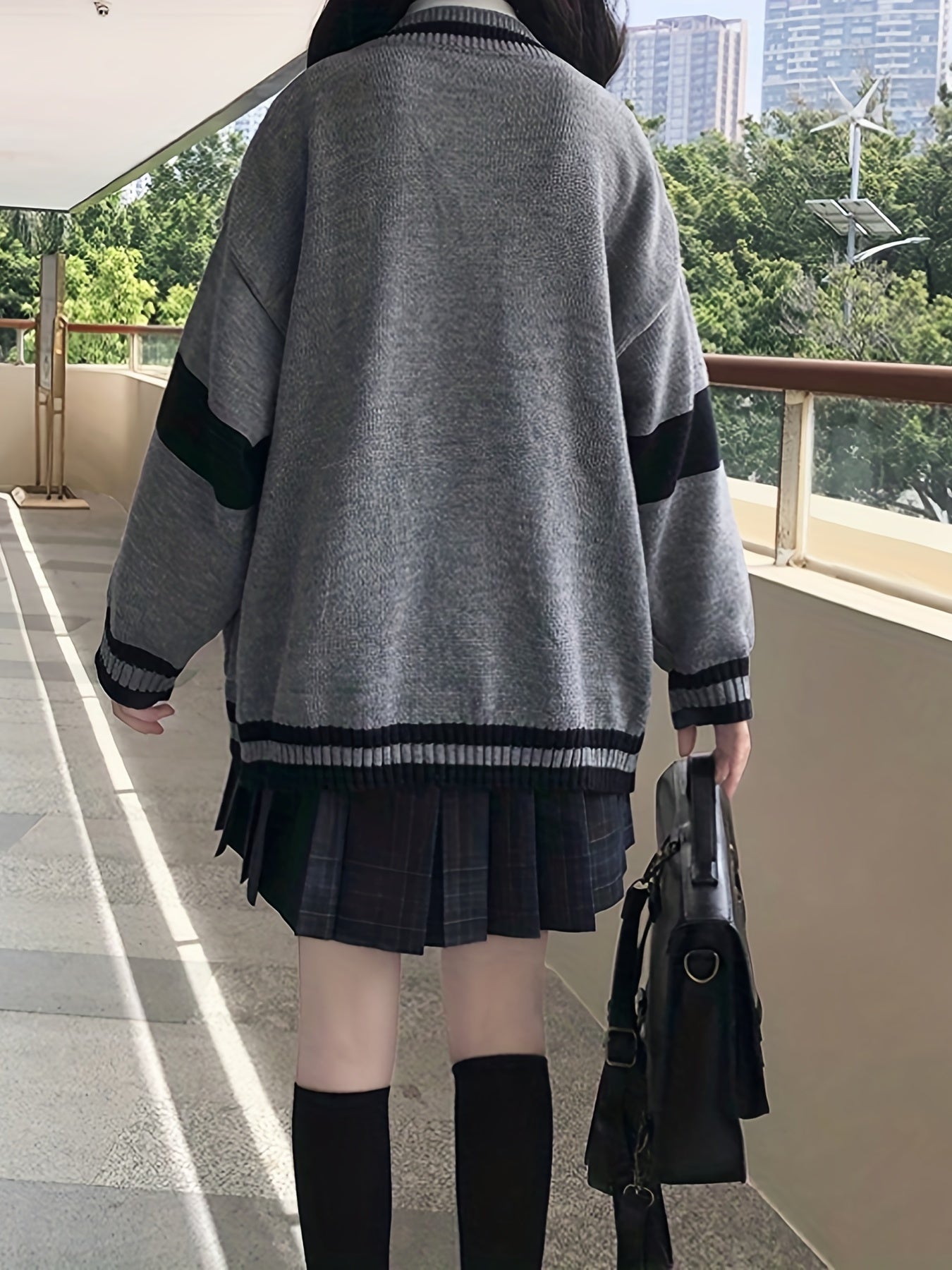 vlovelaw Color Block Button Front Knit Cardigan, Elegant V Neck Long Sleeve Sweater For Fall & Winter, Women's Clothing