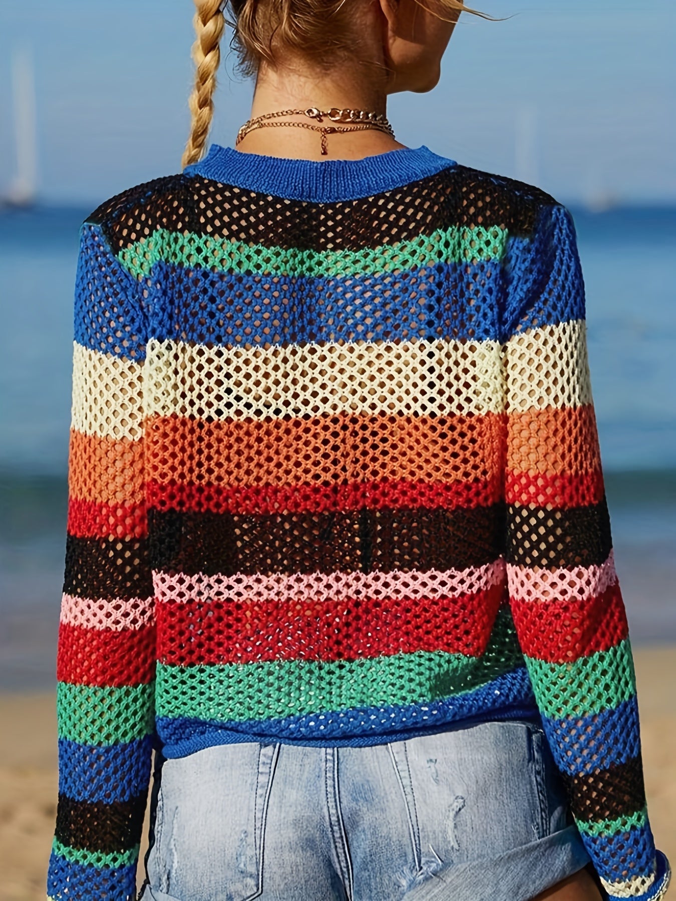 vlovelaw Colorful Striped Crochet Coverup, Vacation Crew Neck Long Sleeve Coverup, Women's Clothing