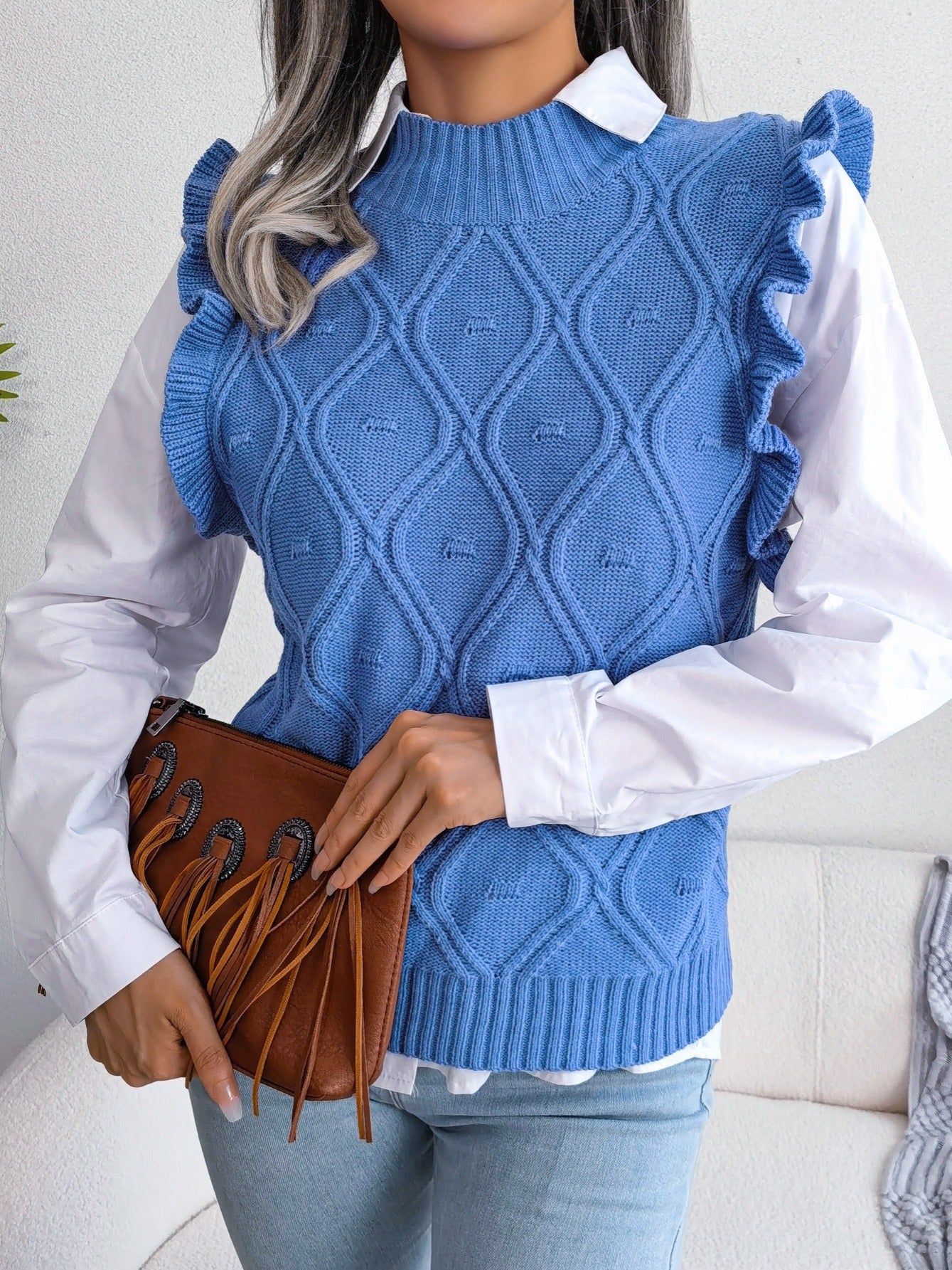 vlovelaw Women's Sweater Ruffle Hem Texture Sweater Vest
