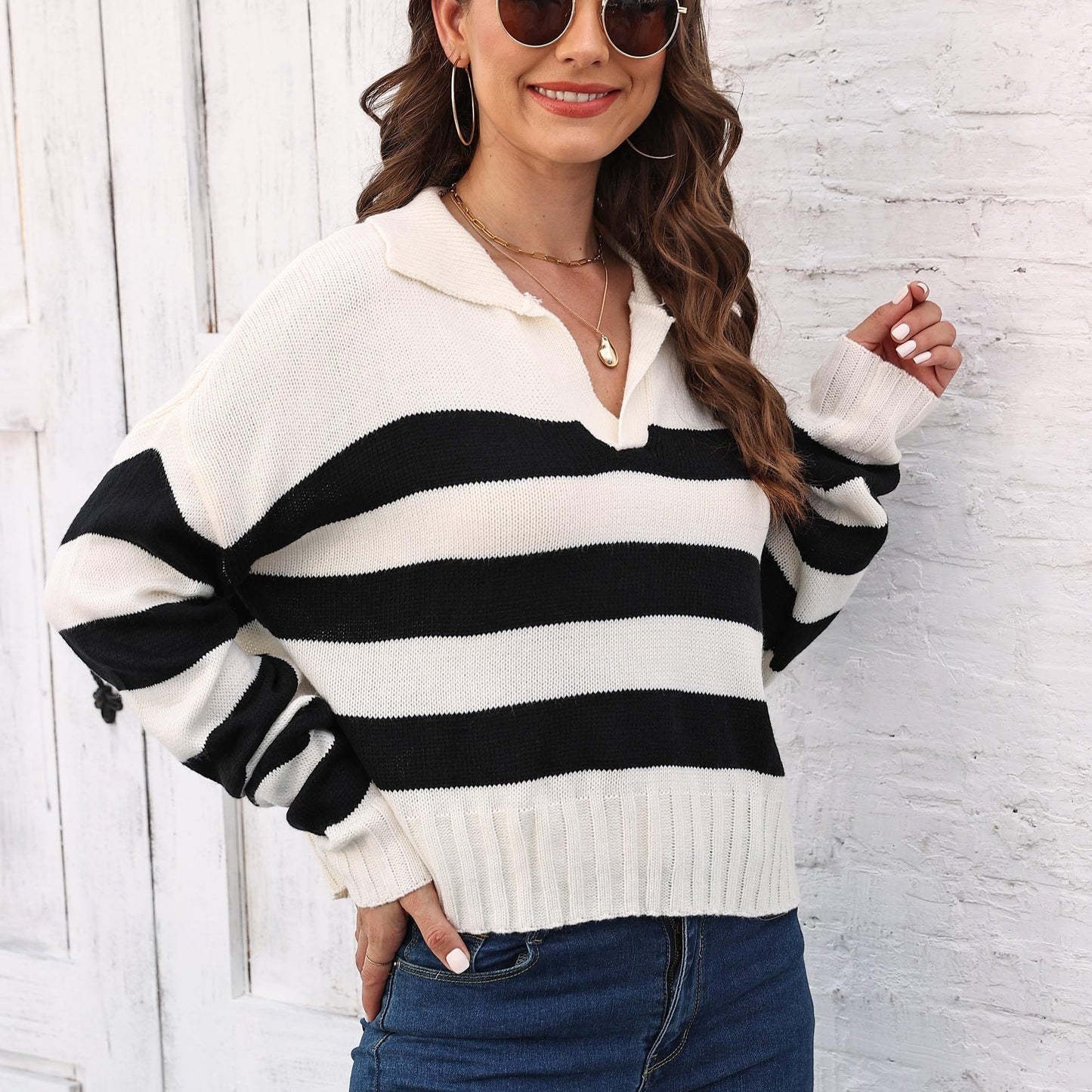 vlovelaw Striped V Neck Pullover Sweater, Casual Long Sleeve Drop Shoulder Sweater, Women's Clothing