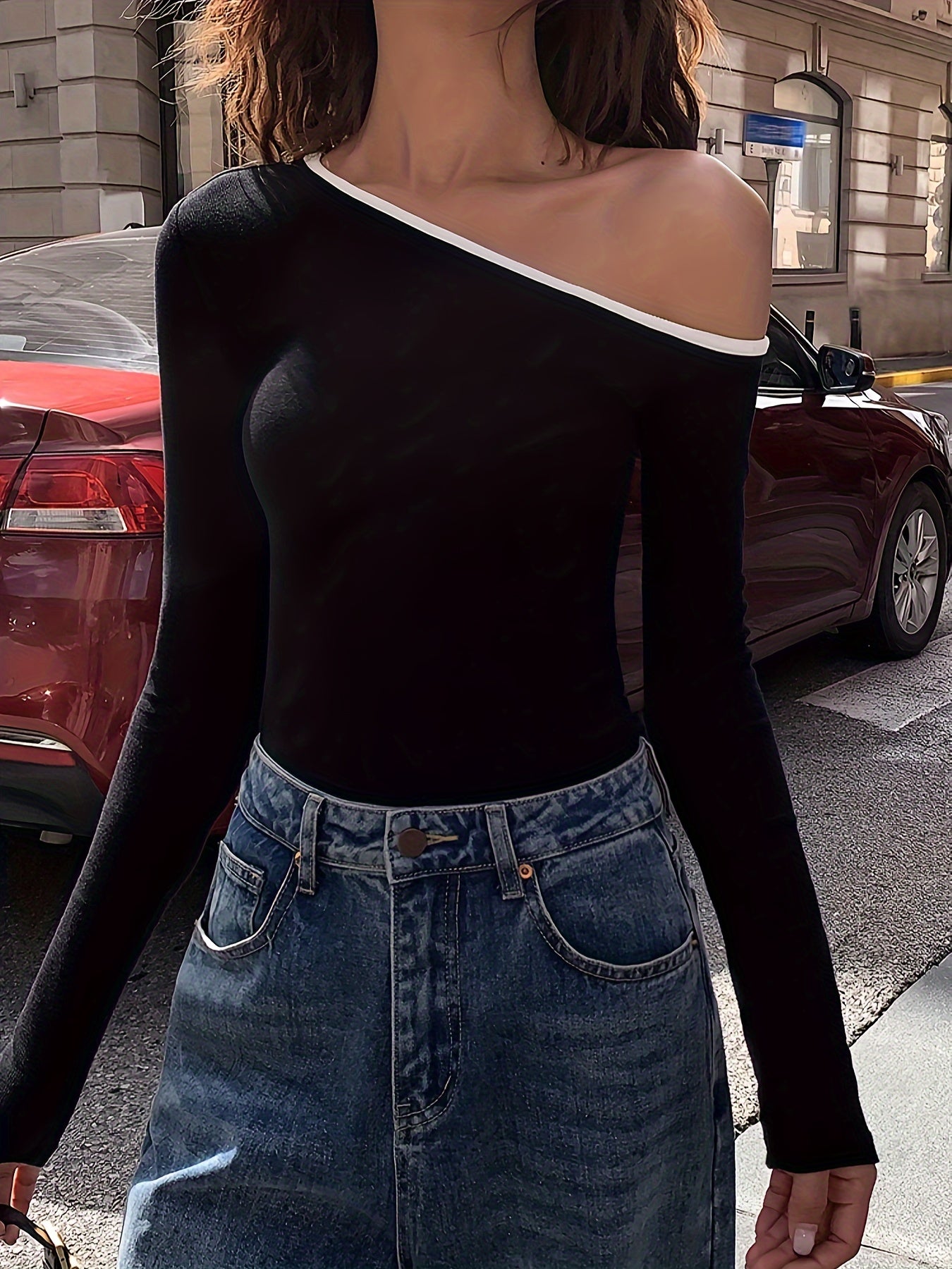 Contrast Trim One Shoulder T-shirt, Sexy Long Sleeve Top For Spring & Fall, Women's Clothing