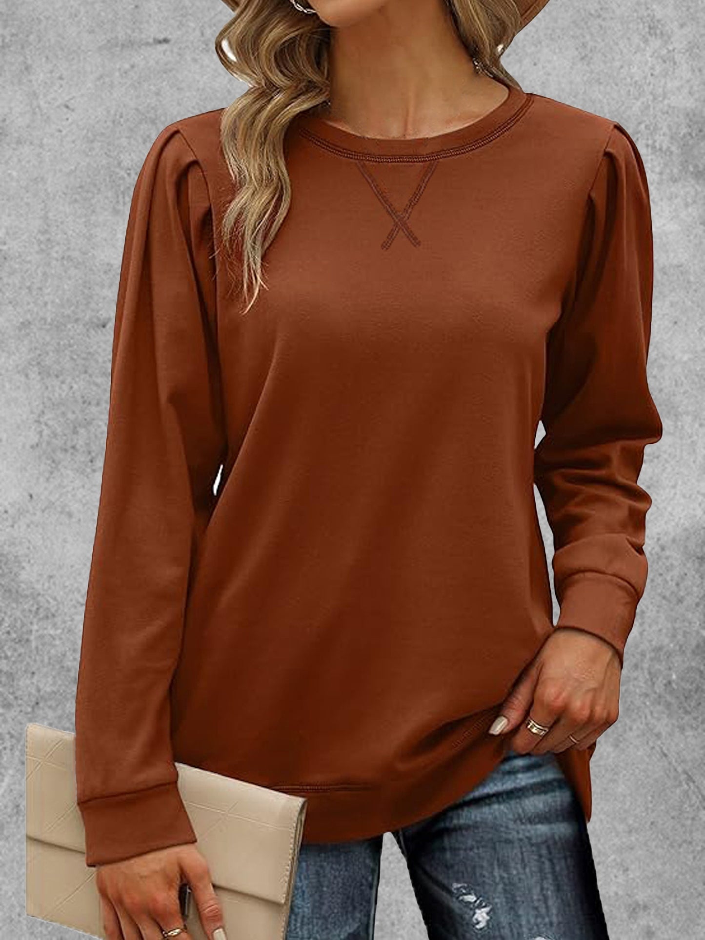 Solid Crew Neck T-Shirt, Casual Long Sleeve Top For Spring & Fall, Women's Clothing