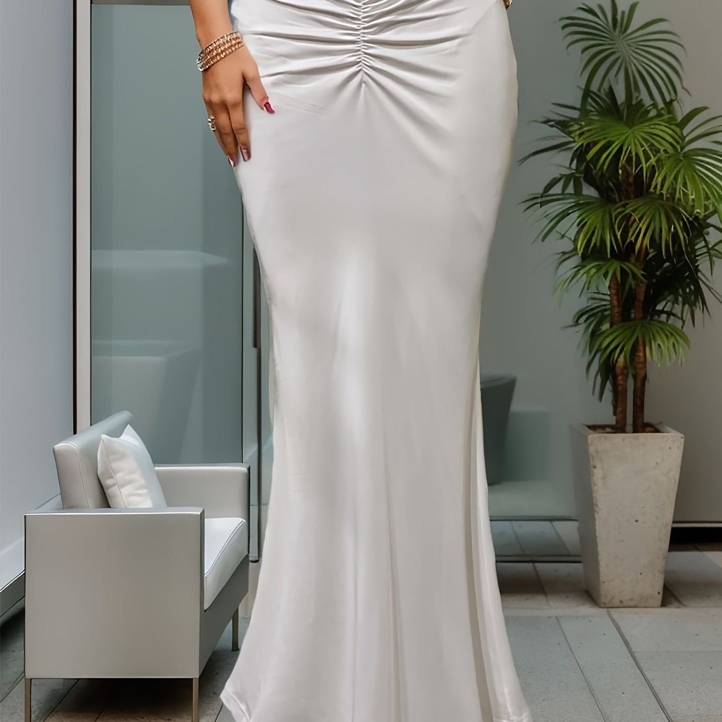 Ruched Mermaid Skirts, Sexy Solid Bodycon Party Maxi Skirts, Women's Clothing