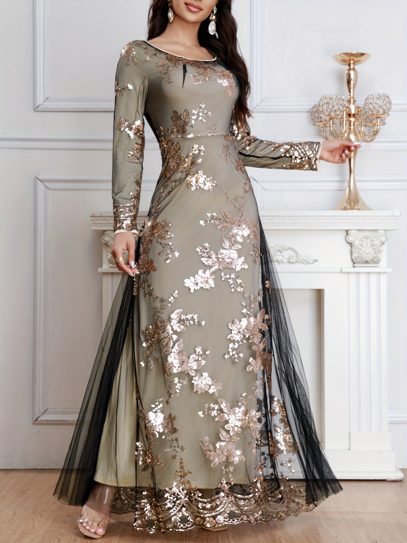vlovelaw Sequined Crew Neck Mesh Bridesmaid Dress, Elegant Long Sleeve Ankle Lenght Dress For Wedding Party, Women's Clothing