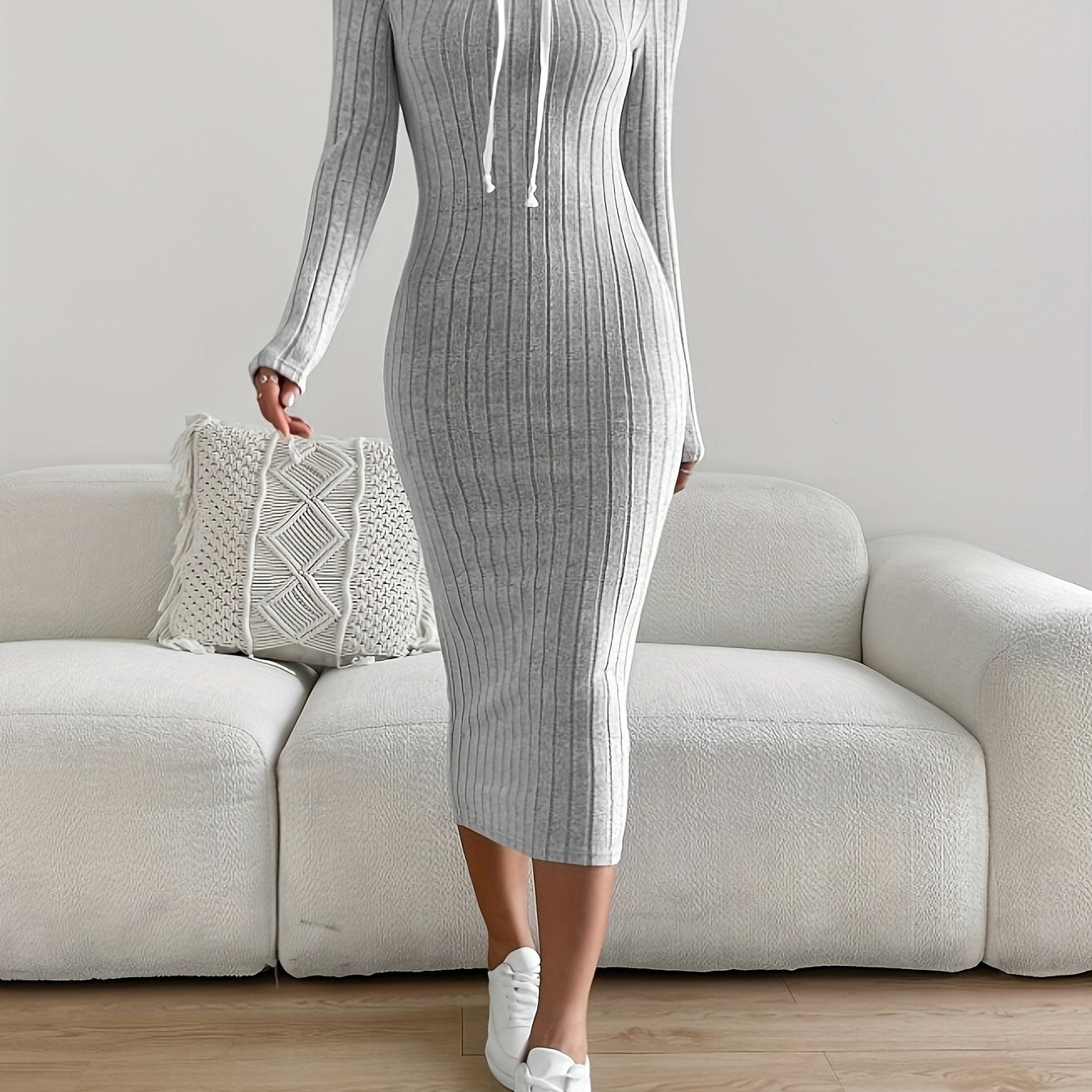 Ribbed Hooded Bodycon Dress, Casual Long Sleeve Drawstring Midi Dress, Women's Clothing