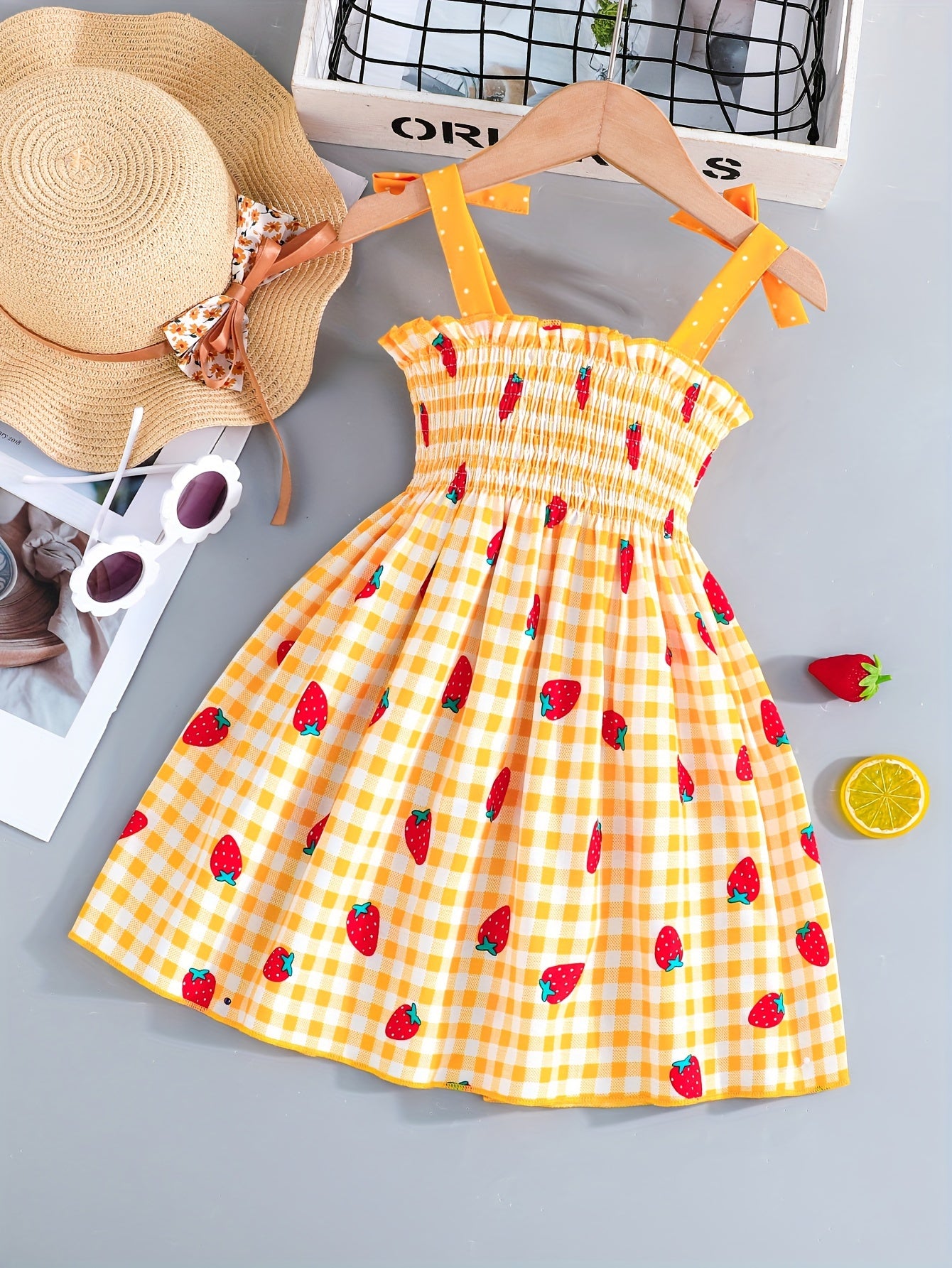 Adorable Sleeveless Strawberry Plaid Print Umbrella Skirt Dress for Girls - Cute Bow Straps, Slight Stretch Fabric, Flared Hem, Regular Fit, Perfect for Summer Holiday Party