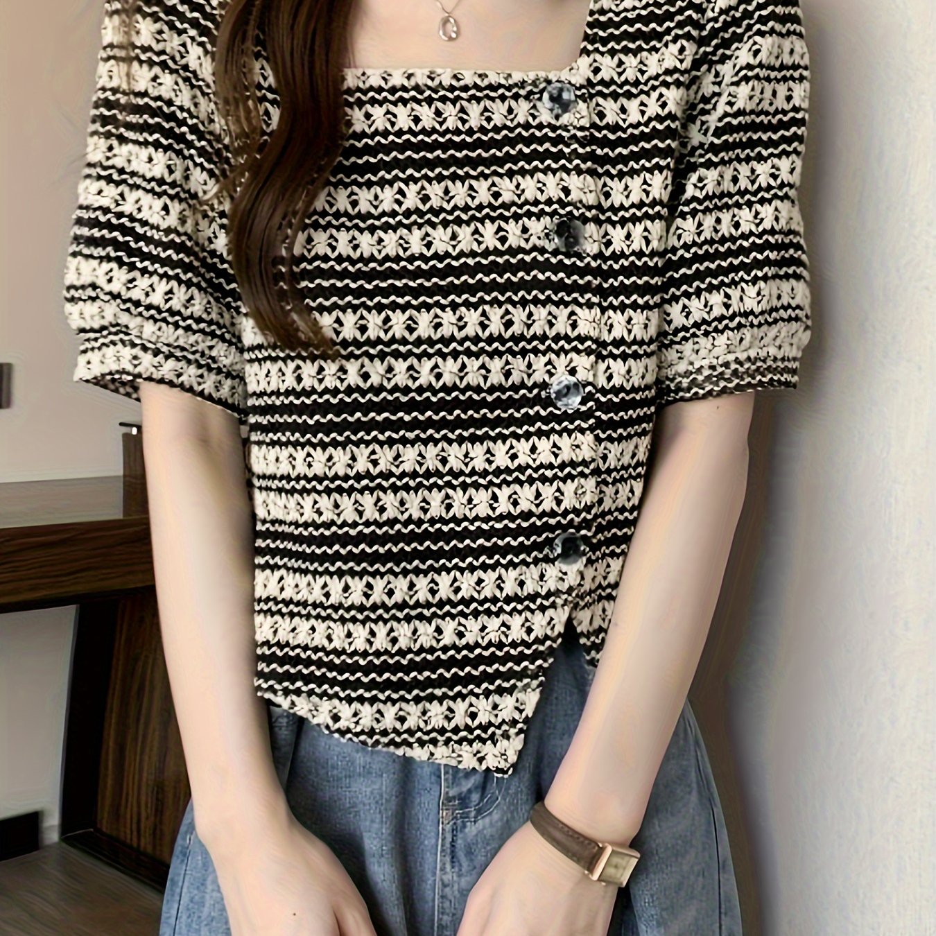 vlovelaw Striped Pattern Button Decor Blouse, Versatile Square Neck Short Sleeve Blouse For Spring & Summer, Women's Clothing