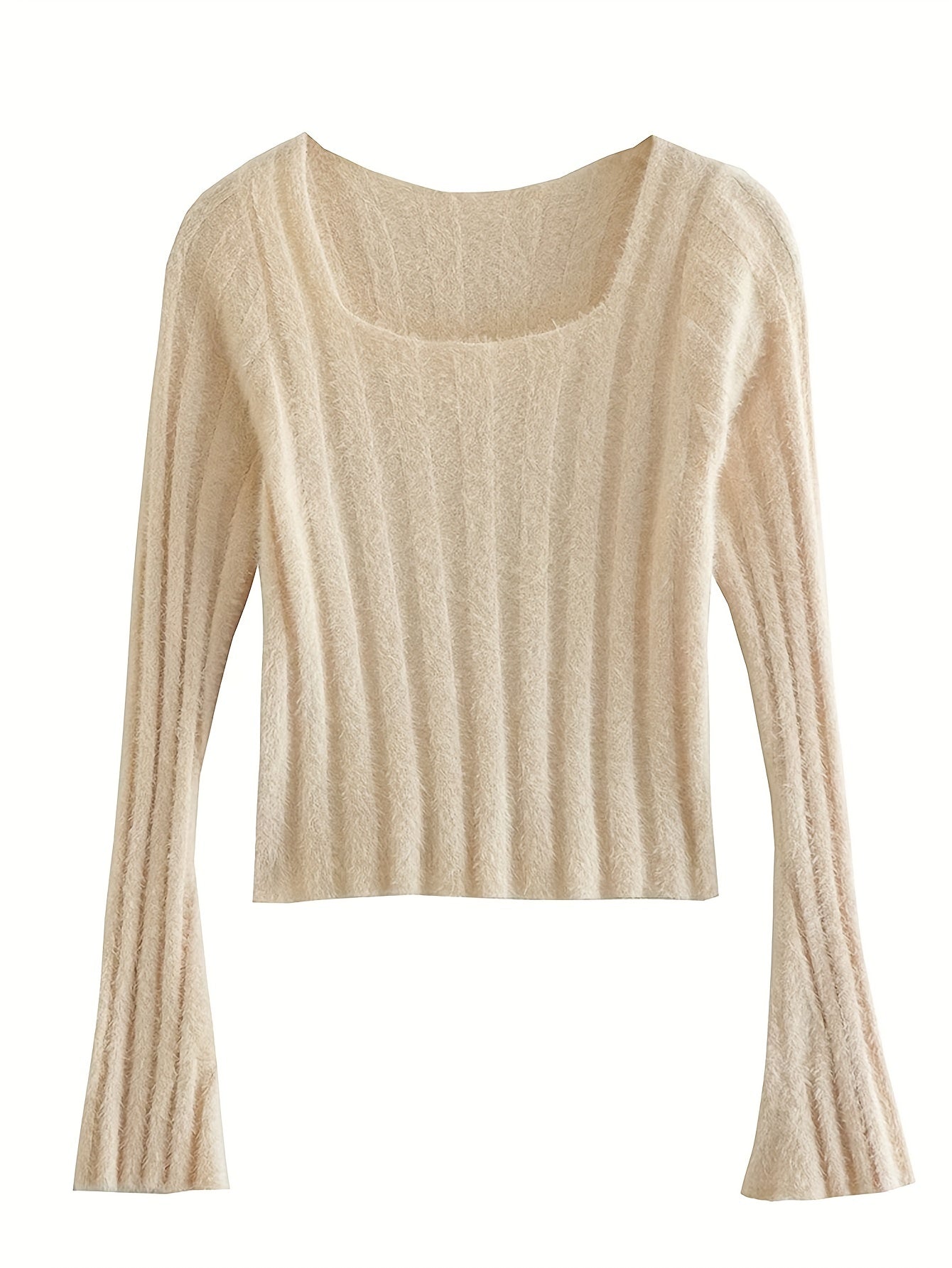 Solid Square Neck Pullover Sweater, Casual Long Sleeve Sweater, Women's Clothing