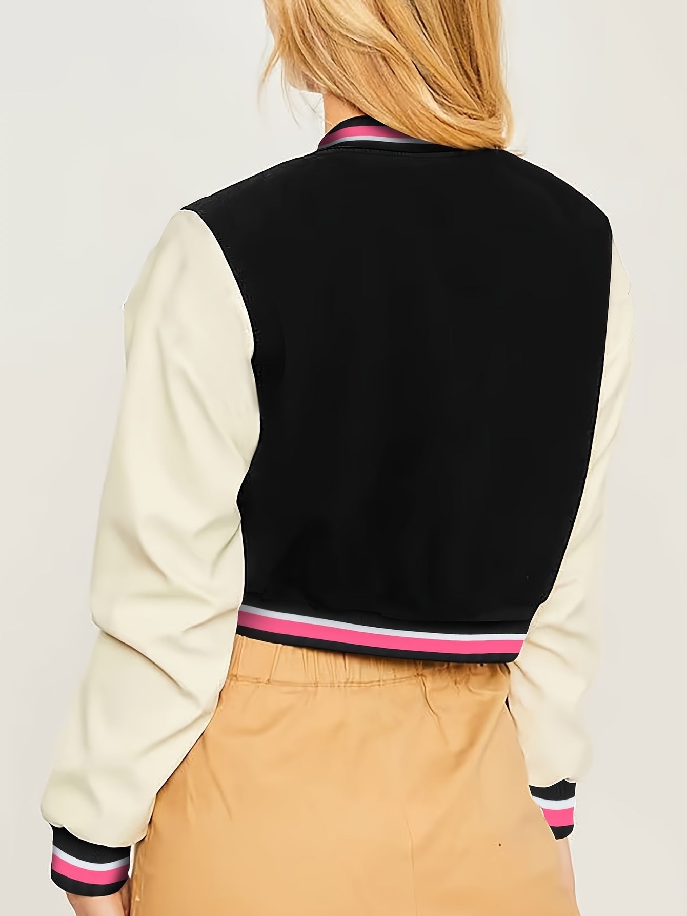 Letter Pattern Color Block Jacket, Versatile Single Breasted Long Sleeve Bomber Jacket, Women's Clothing