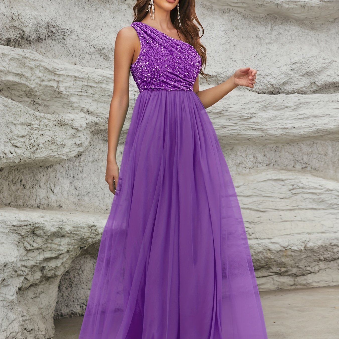 vlovelaw One Shoulder Sequin Dress, Elegant Sleeveless Dress For Party & Banquet, Women's Clothing