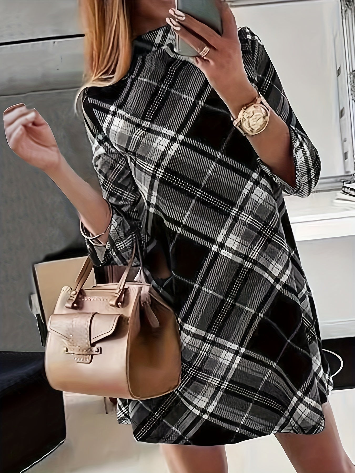 vlovelaw Plaid Print Mock Neck Dress, Elegant Long Sleeve Above Knee Dress, Women's Clothing