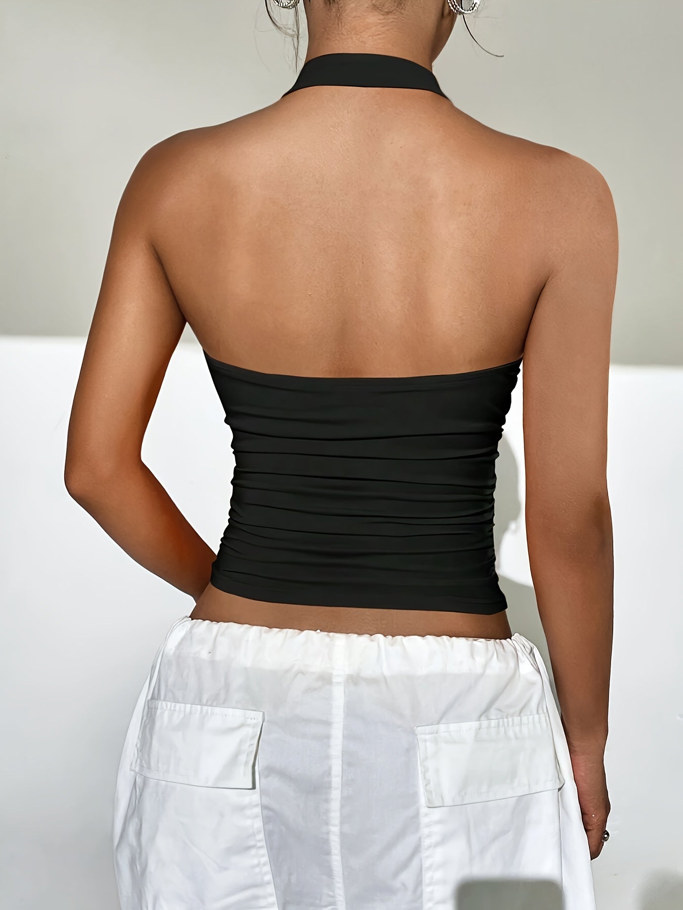 vlovelaw Straight Neck Halter Neck Top, Sexy Sleeveless Crop Halter Top For Summer, Women's Clothing